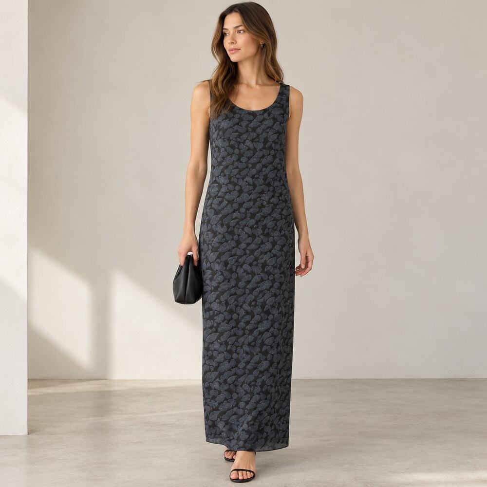 Banana Republic Size 0 100% Silk Gray Leaf Print Maxi Dress Lined Sleeveless